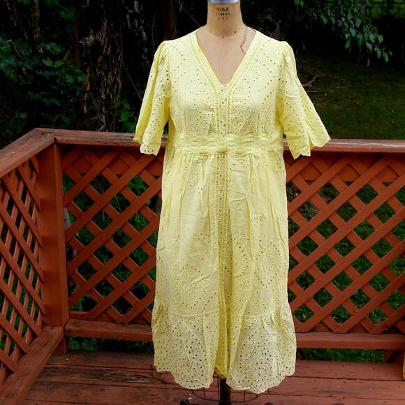 NEW size L/XL "Eunice" Yellow Eyelet Cotton blend Summer dress - Picture 1 of 9